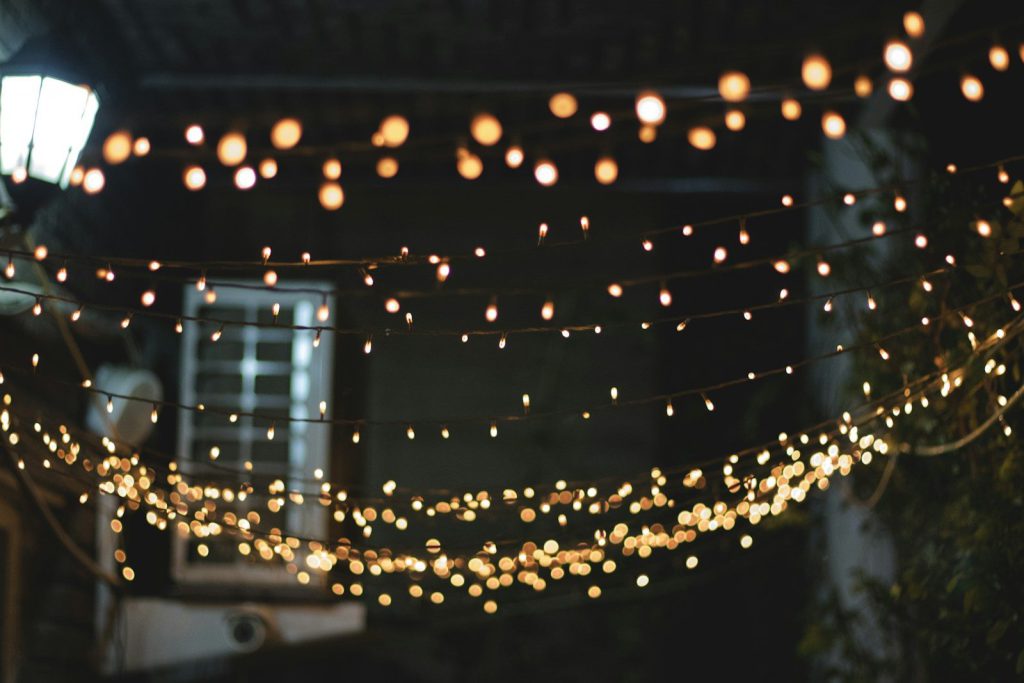 Dây đèn vàng giăng giữa những tán cây vào buổi tối